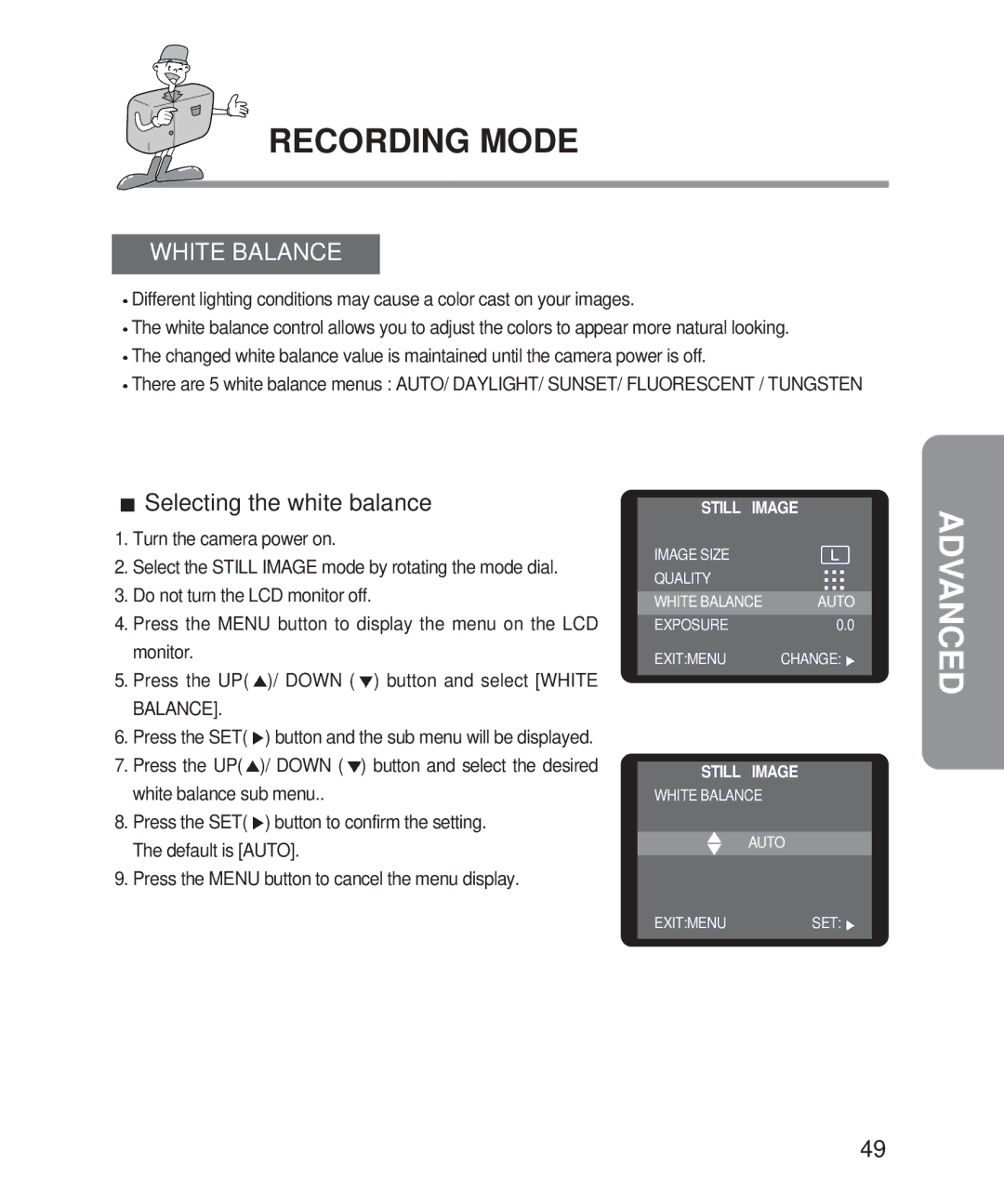 Samsung 201 manual White Balance, Selecting the white balance 