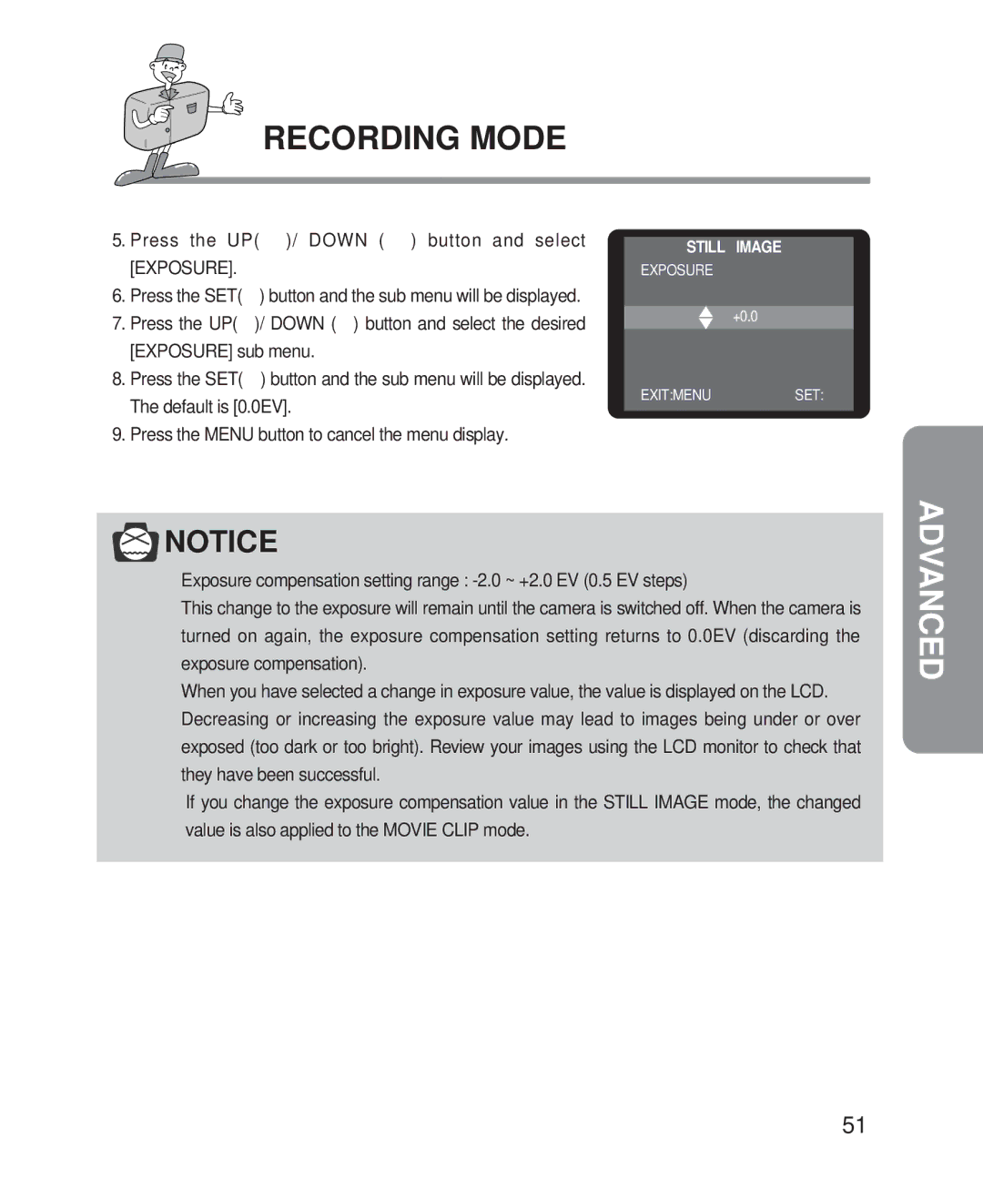 Samsung 201 manual Press the UP / Down button and select Exposure 