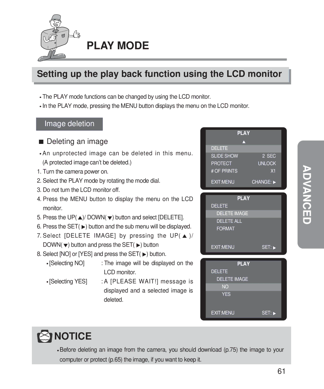 Samsung 201 manual Setting up the play back function using the LCD monitor, Image deletion, Deleting an image 