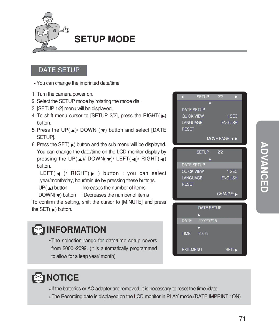 Samsung 201 manual Date Setup, Pressing the UP Down / Left Right Button, Right button you Can select 