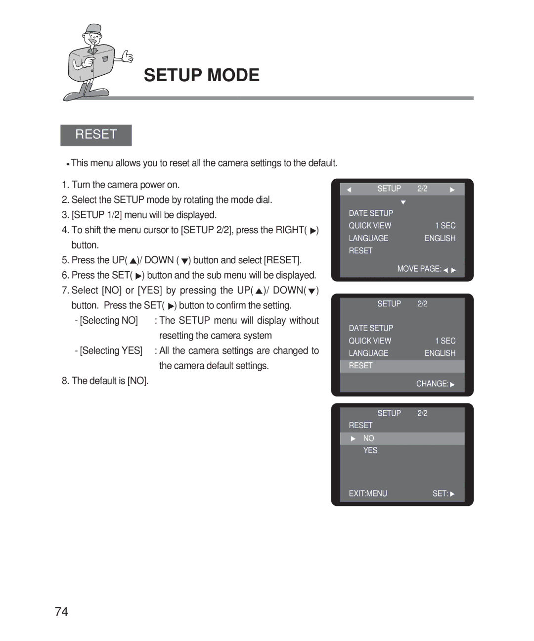 Samsung 201 manual Resetting the camera system, Camera default settings, Default is no 