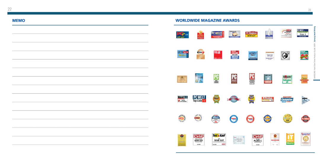 Samsung 2010 manual Worldwide Magazine Awards, Memo, Samsung Award Winning, SAMSUNG Hard Disk Drive Product Guide 