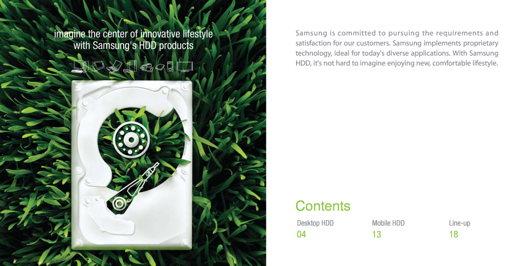 Samsung 2010 manual Line-up, Contents, imagine the center of innovative lifestyle with Samsungs HDD products, Desktop HDD 
