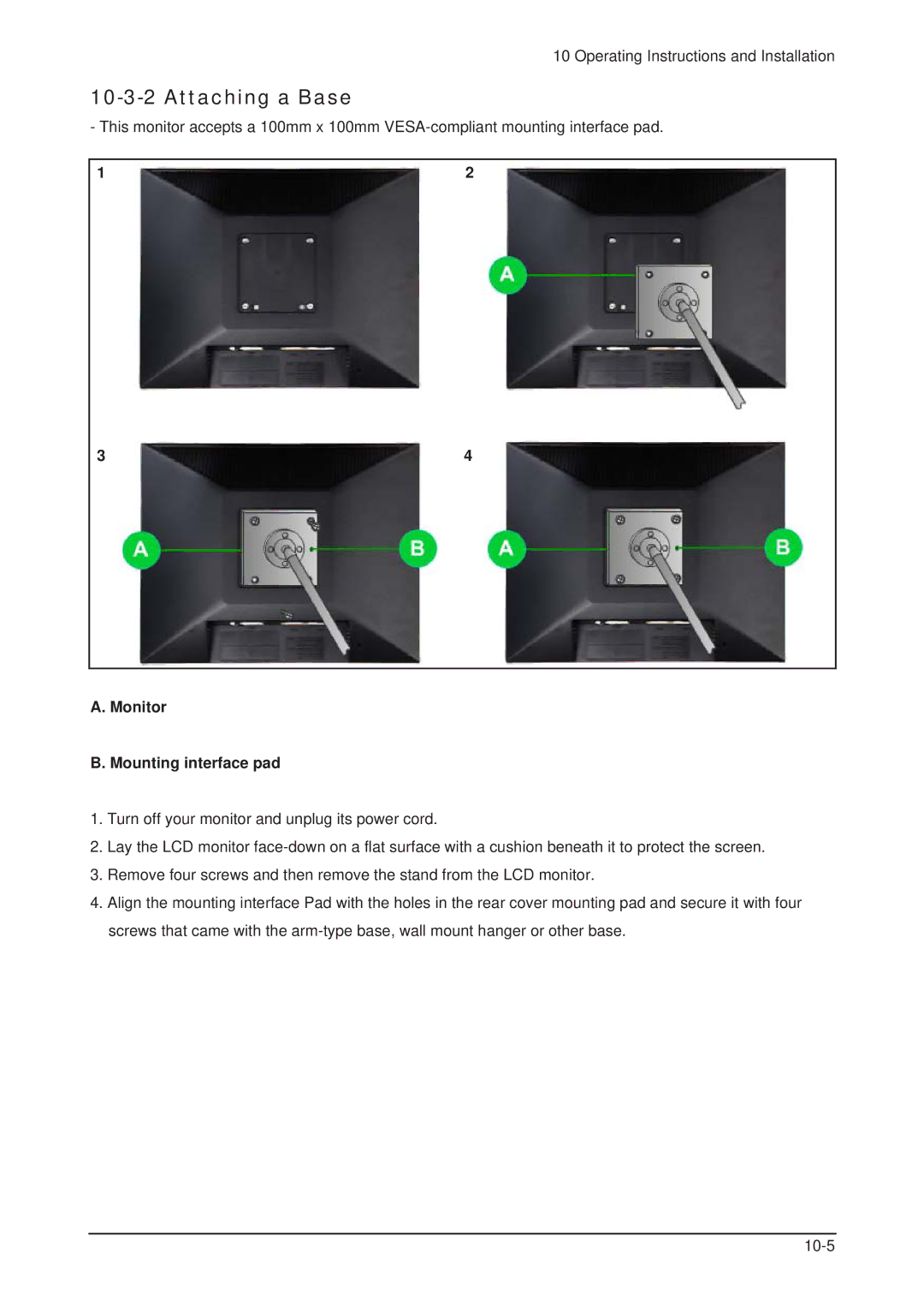 Samsung 203B service manual Attaching a Base, Monitor Mounting interface pad 