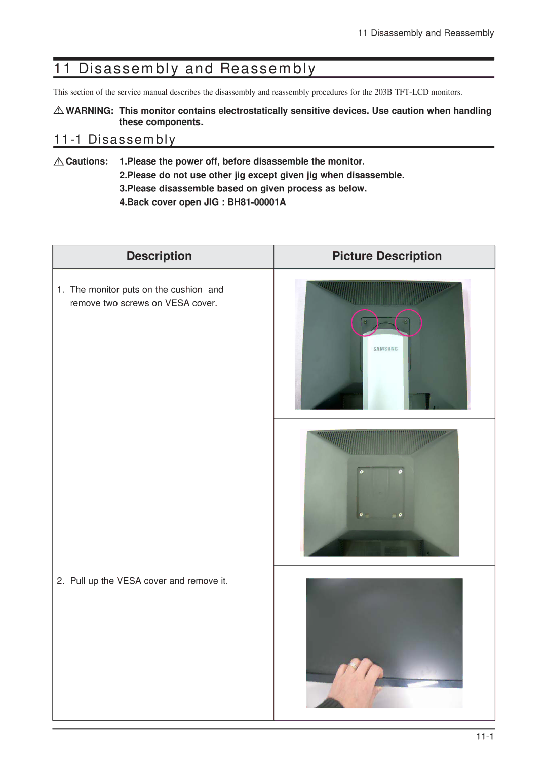 Samsung 203B service manual Disassembly, Back cover open JIG BH81-00001A 