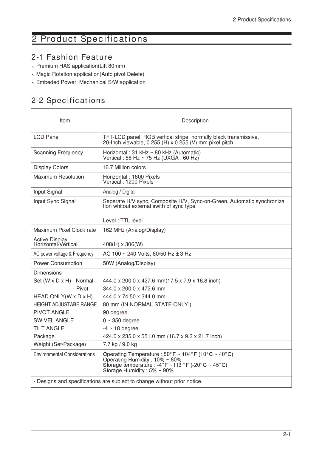 Samsung 203B service manual Fashion Feature, Specifications 