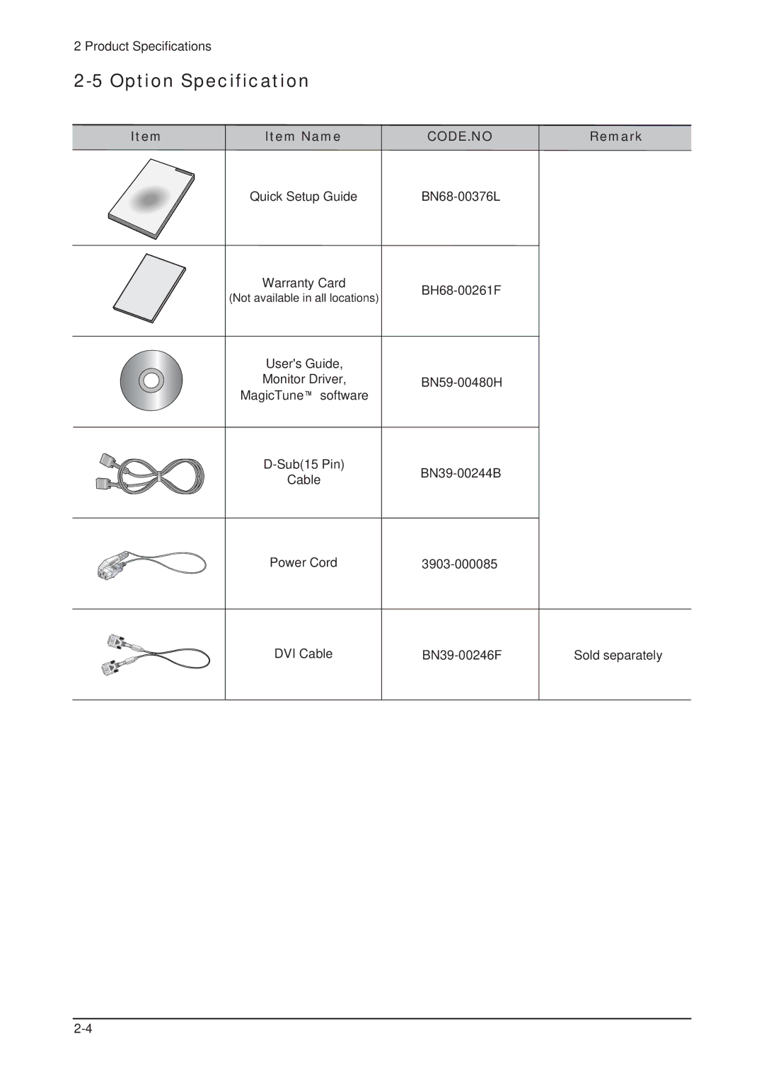 Samsung 203B service manual Option Specification, Item Name, Remark 