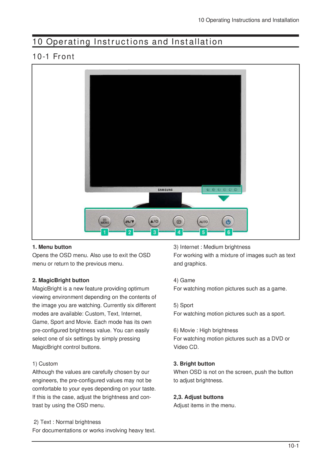 Samsung 203B service manual Front, Menu button, MagicBright button, Adjust buttons 