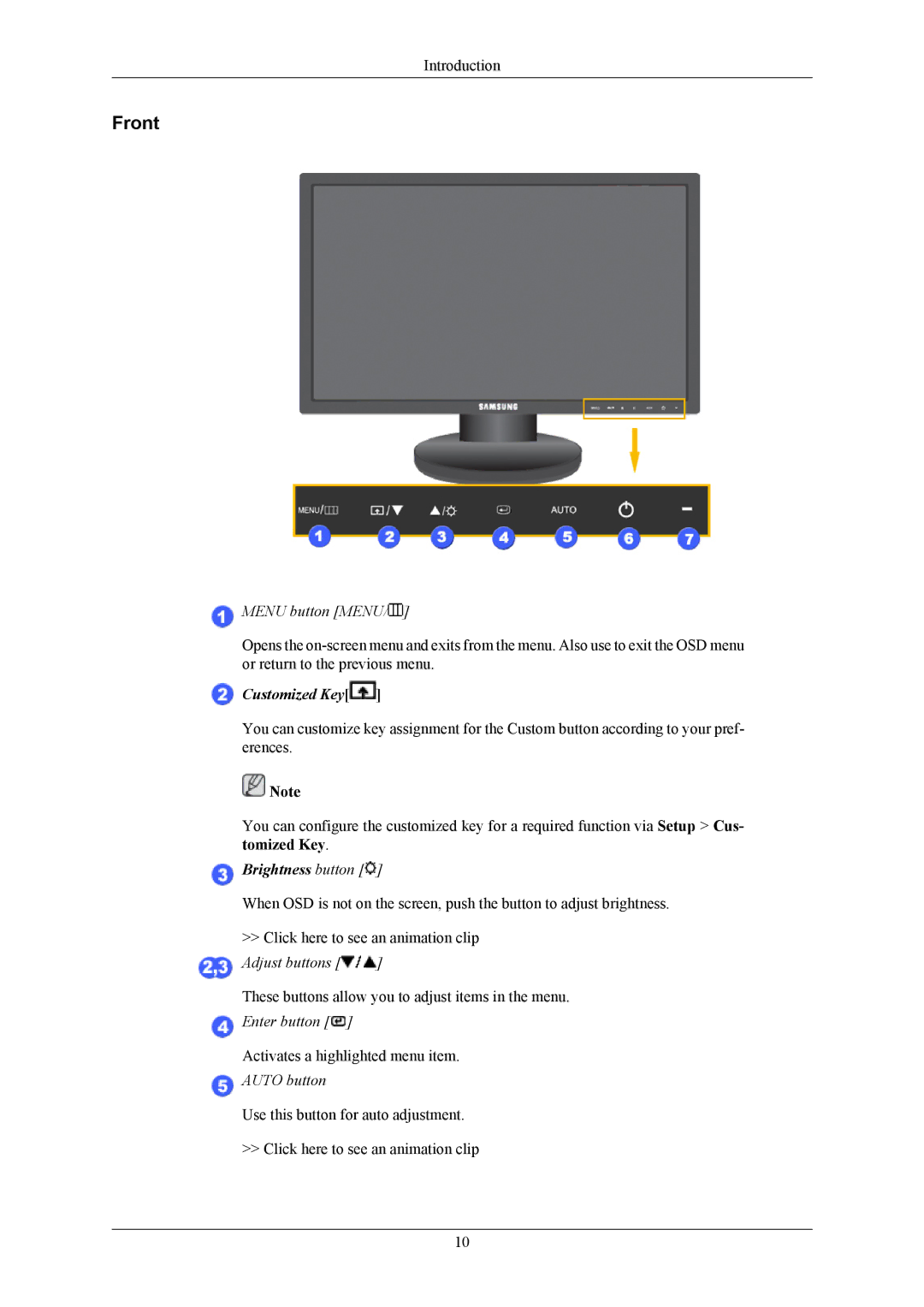 Samsung 2043NWX quick start Front, Menu button Menu 