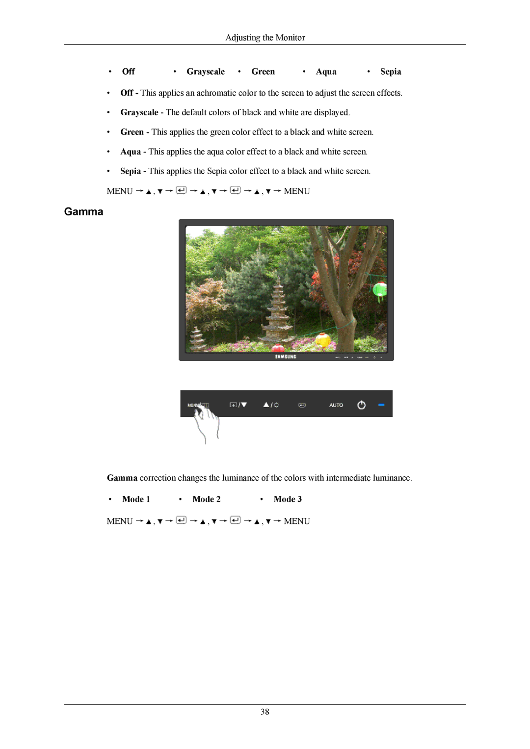 Samsung 2043NWX user manual Gamma, Off Grayscale Green Aqua Sepia, Mode 1 Mode 2 Mode 