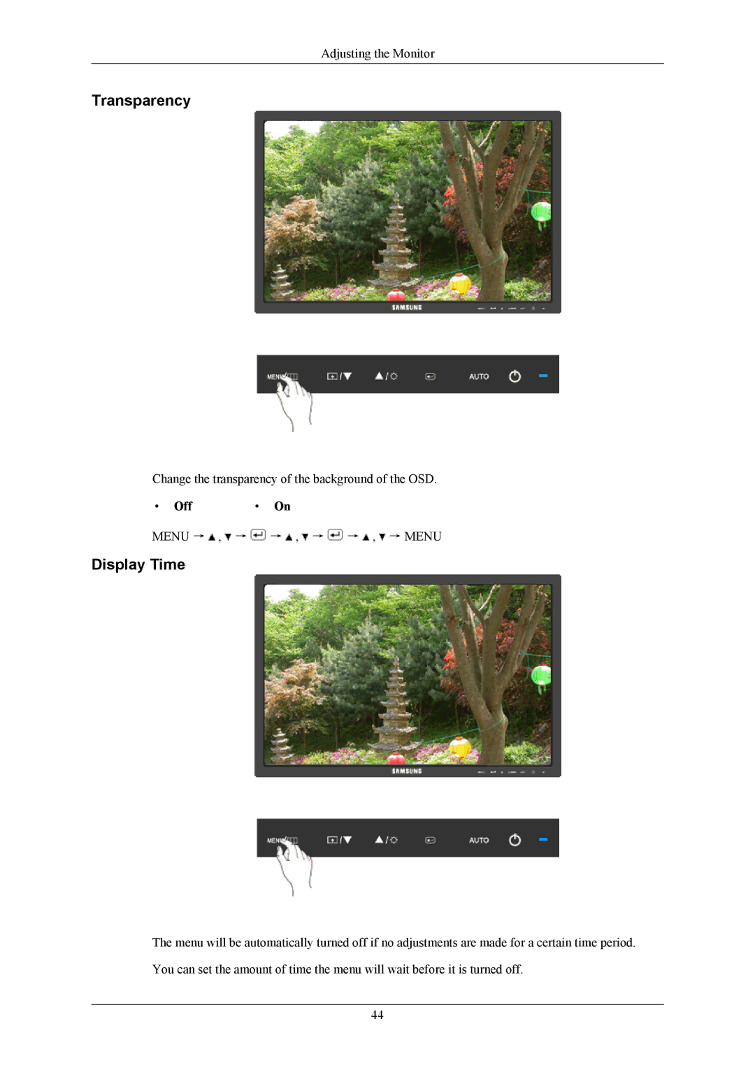 Samsung 2043NWX user manual Transparency, Display Time, Off On 