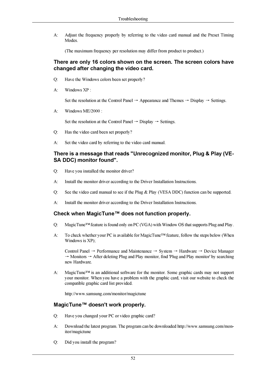 Samsung 2043NWX user manual Check when MagicTune does not function properly, MagicTune doesnt work properly 