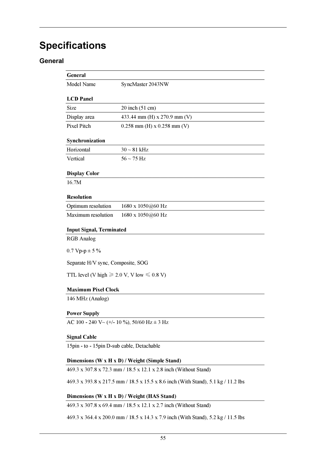 Samsung 2043NWX user manual Specifications, General 