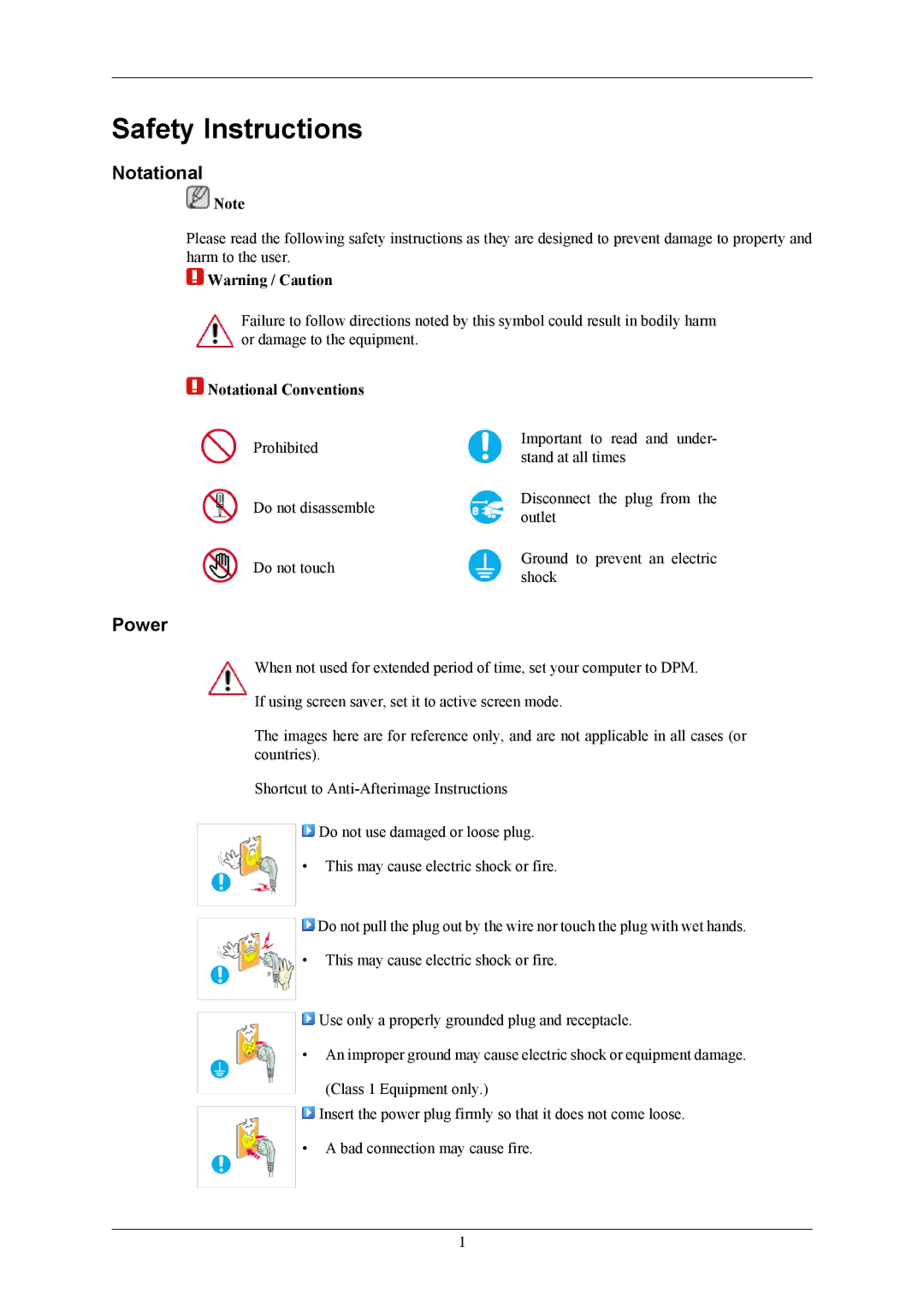 Samsung 2043NWX user manual Safety Instructions, Power, Notational Conventions 