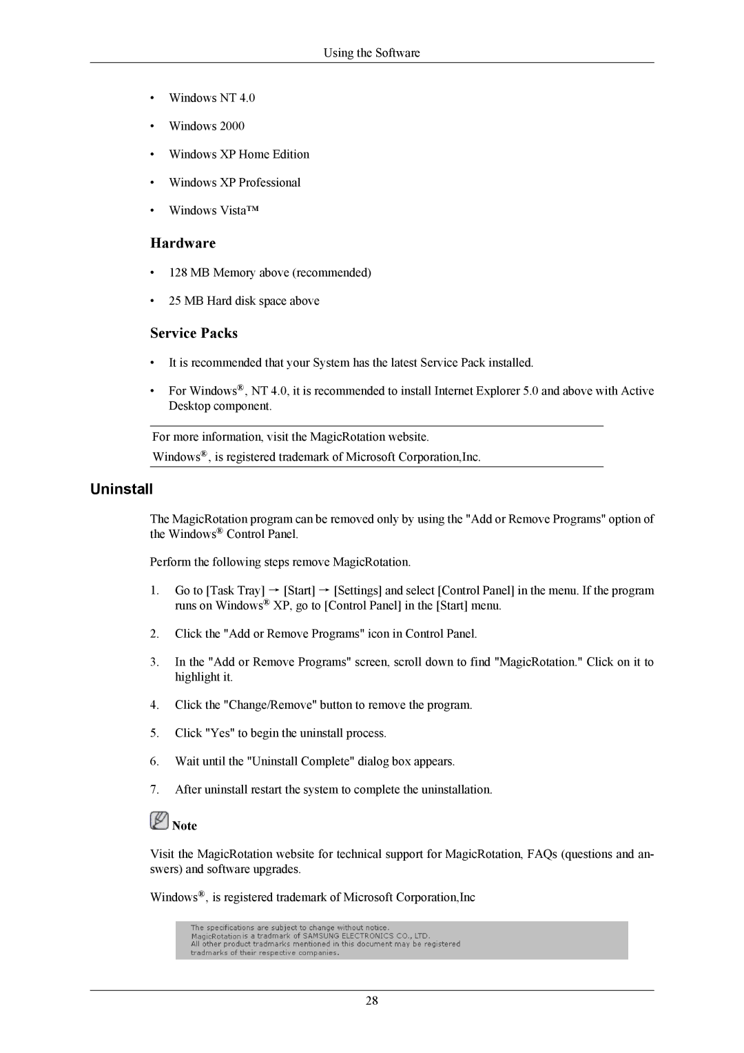 Samsung 2043NWX user manual Service Packs 