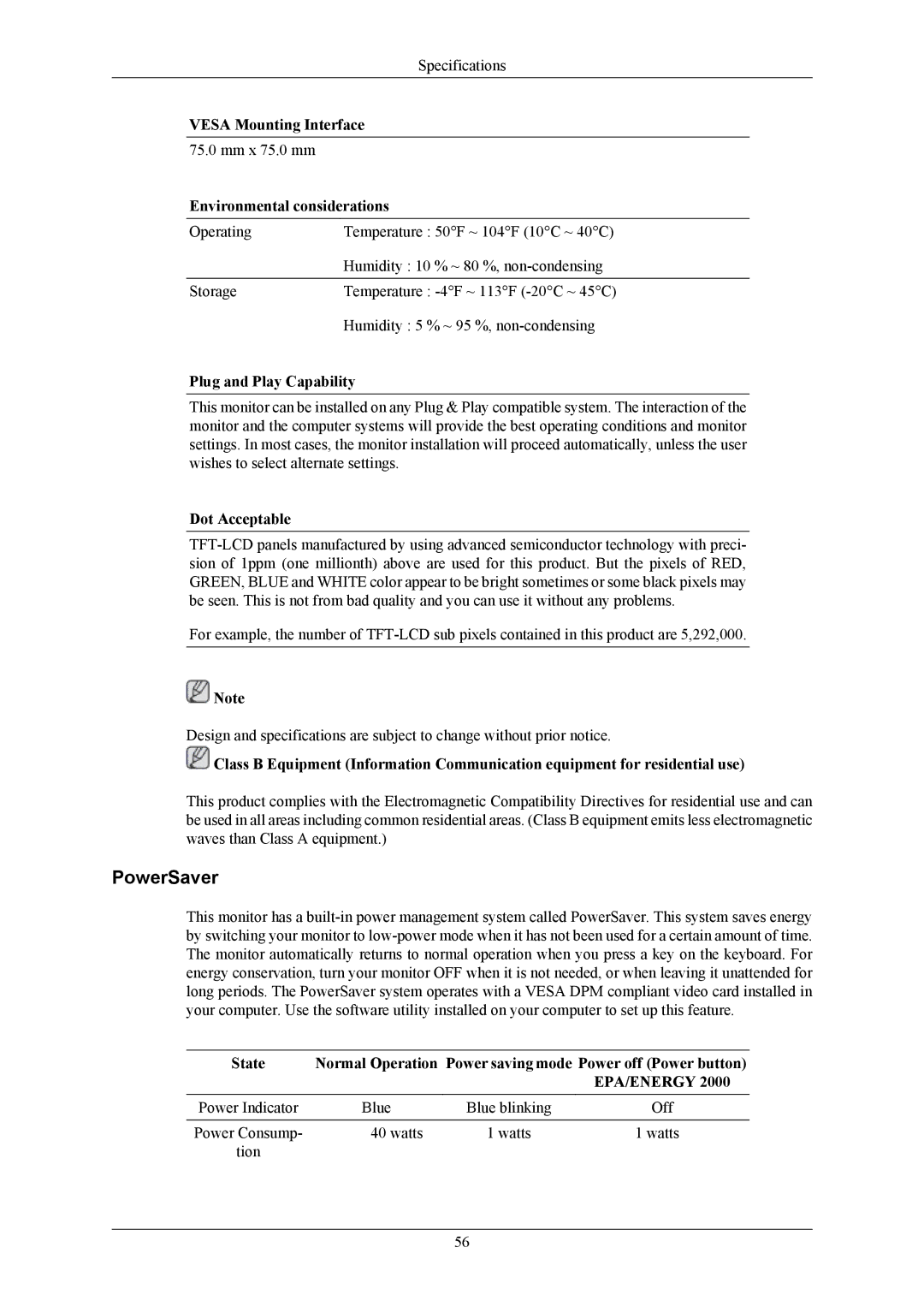 Samsung 2043NWX user manual PowerSaver, Vesa Mounting Interface, Environmental considerations, Plug and Play Capability 