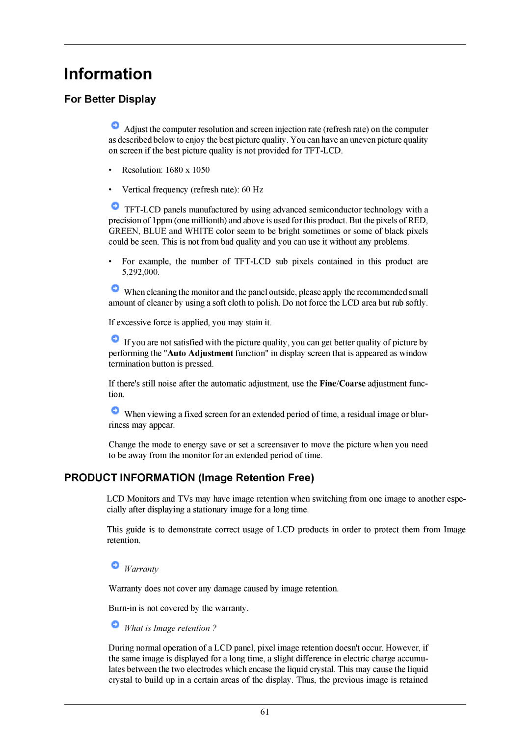 Samsung 2043NWX user manual For Better Display, Product Information Image Retention Free 