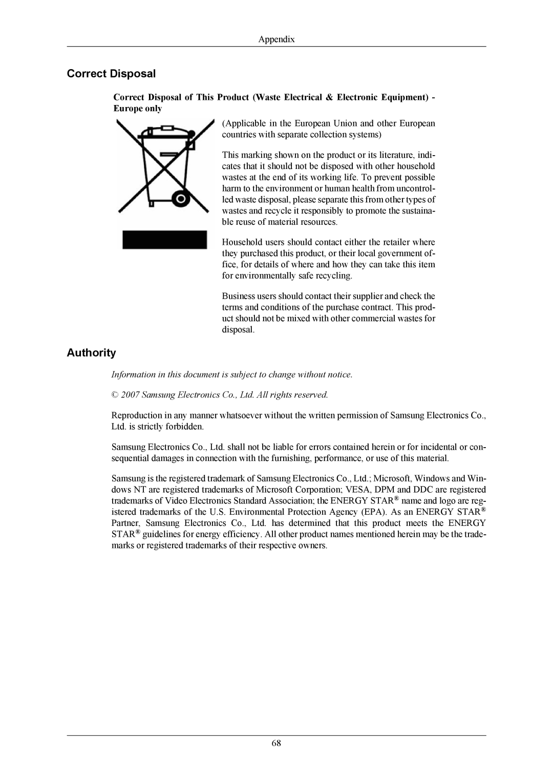 Samsung 2043NWX user manual Correct Disposal, Authority 