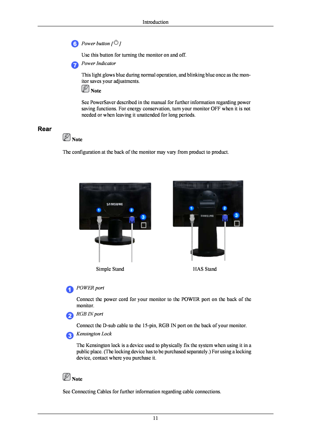 Samsung 2043NWX user manual Rear, Power button, Power Indicator, POWER port, RGB IN port, Kensington Lock 