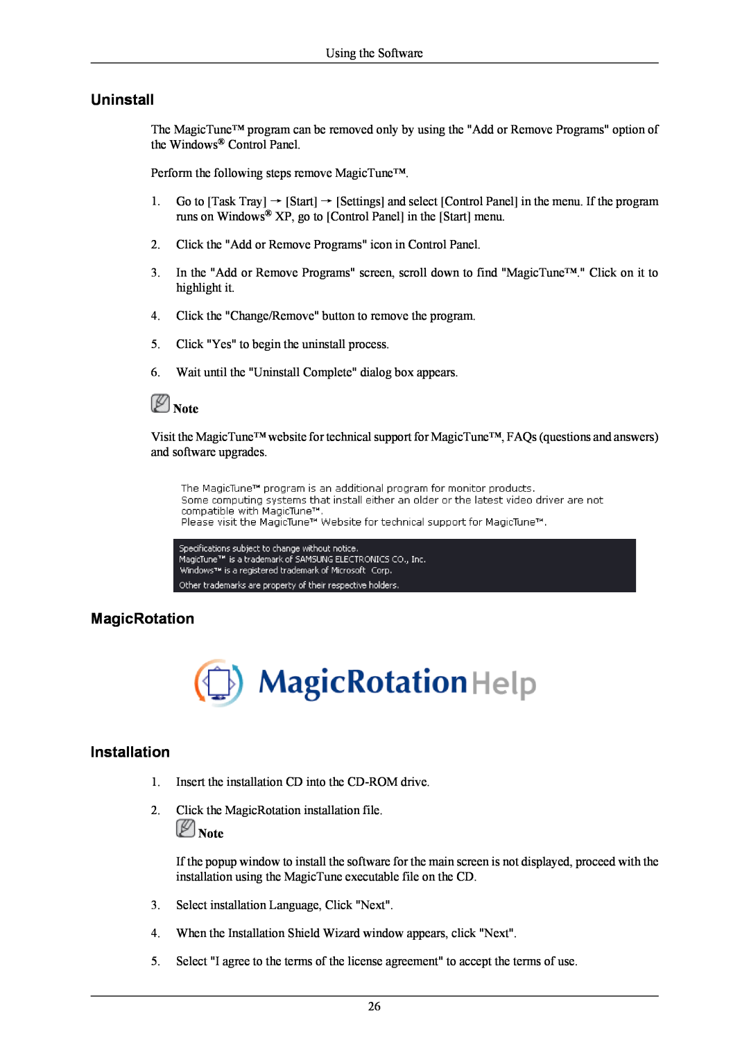 Samsung 2043NWX user manual Uninstall, MagicRotation Installation 
