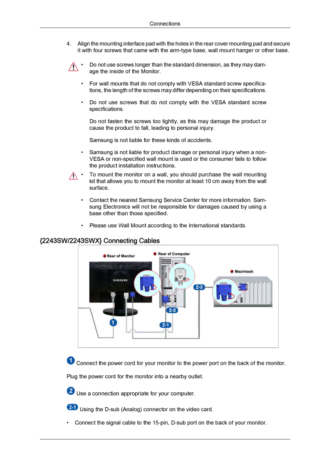 Samsung 2043SWX quick start 2243SW/2243SWX Connecting Cables 