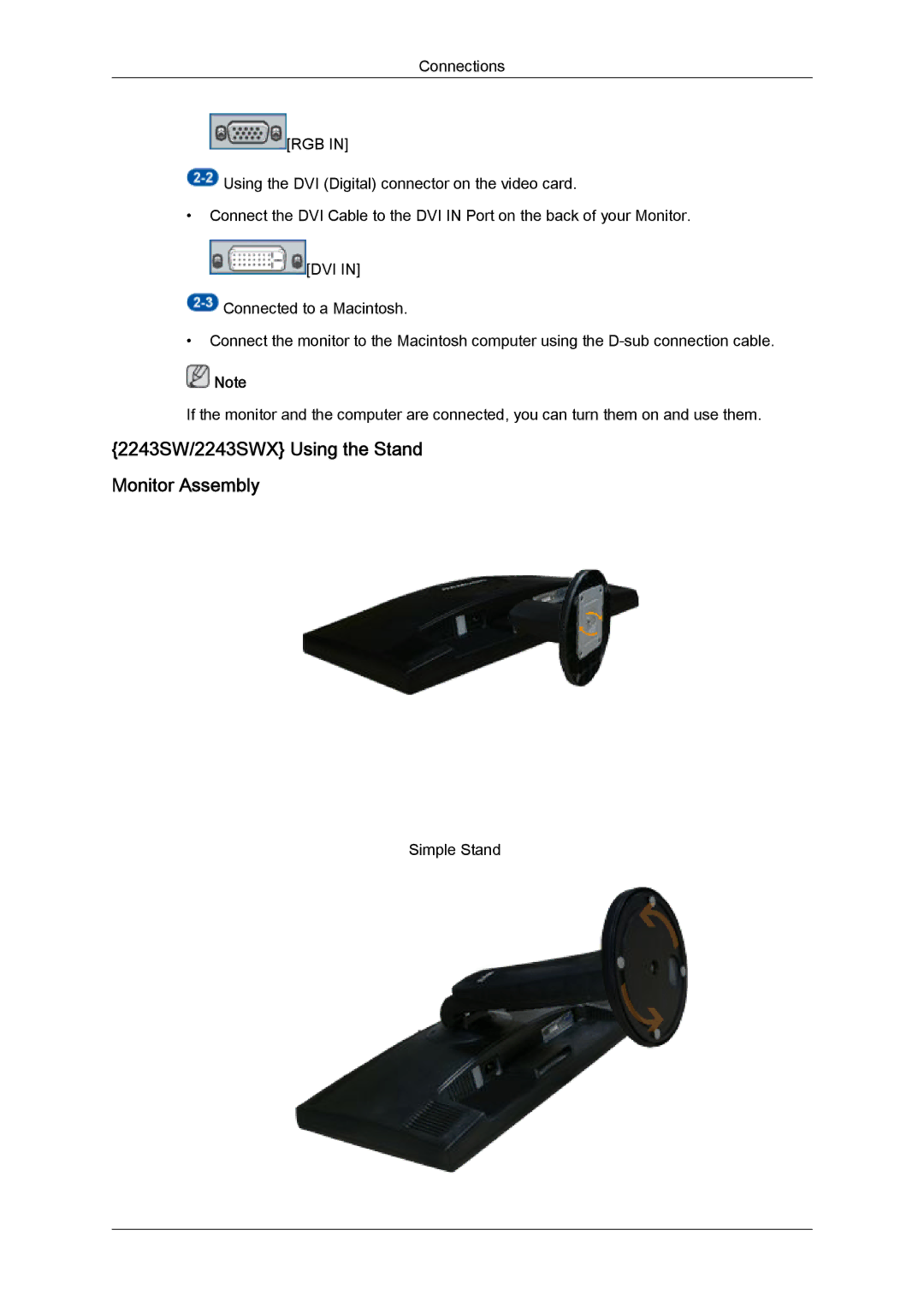 Samsung 2043SWX quick start 2243SW/2243SWX Using the Stand Monitor Assembly 