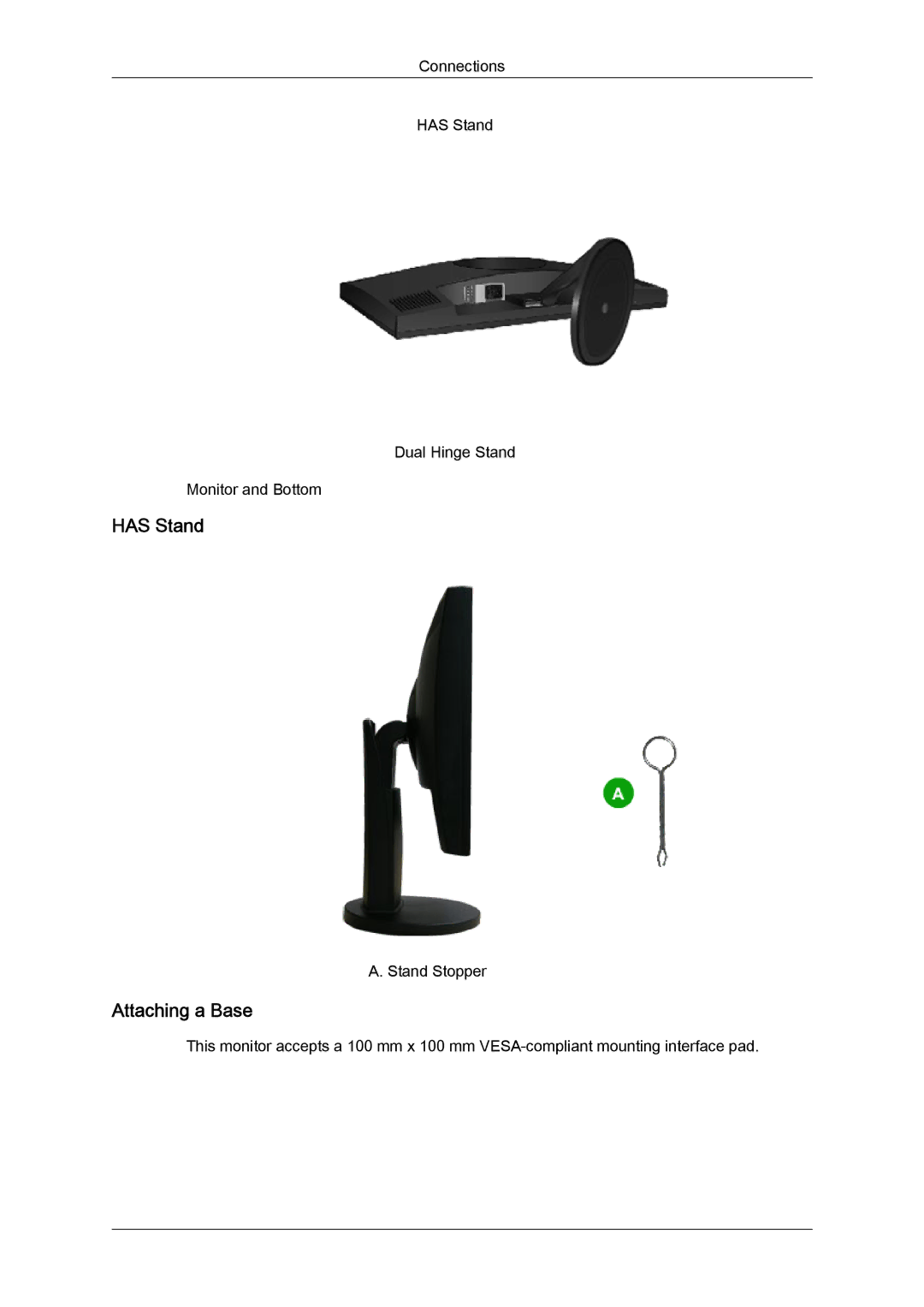 Samsung 2043SWX, 2243SWX quick start Connections Has Stand Dual Hinge Stand Monitor and Bottom 