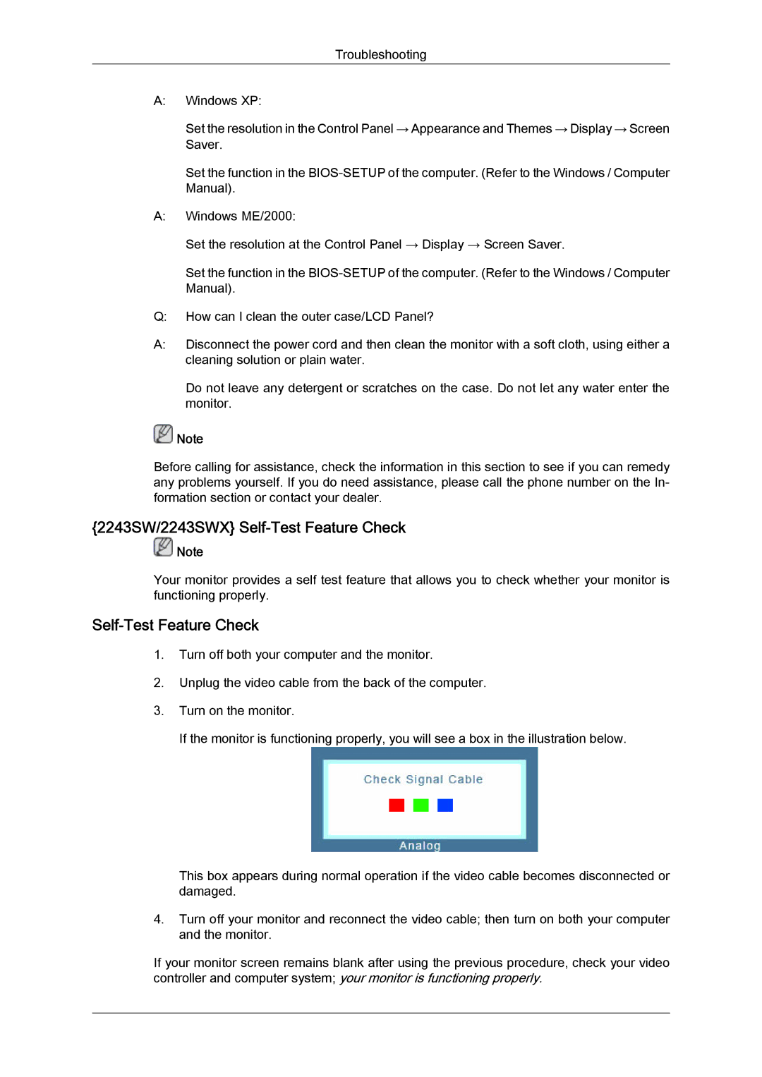 Samsung 2043SWX quick start 2243SW/2243SWX Self-Test Feature Check 