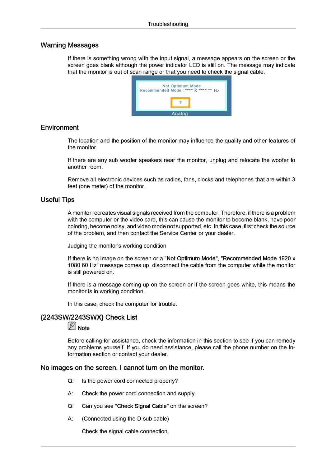 Samsung 2043SWX quick start Environment, 2243SW/2243SWX Check List 