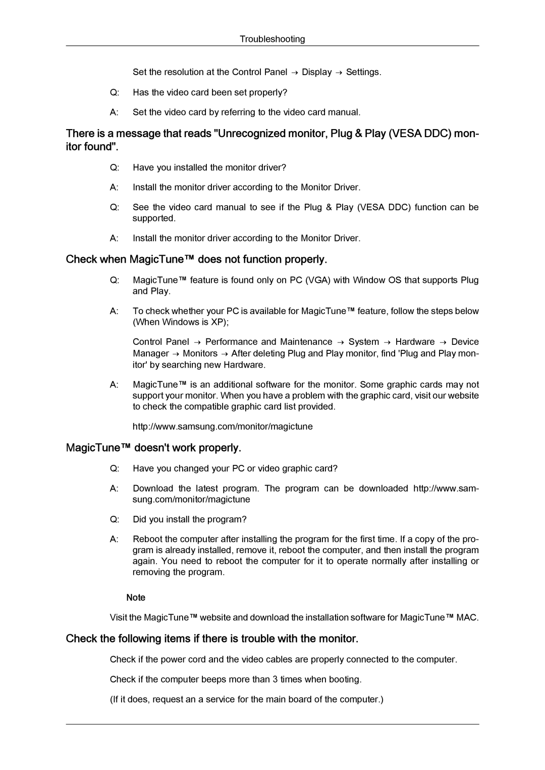 Samsung 2043SWX, 2243SWX quick start Check when MagicTune does not function properly 