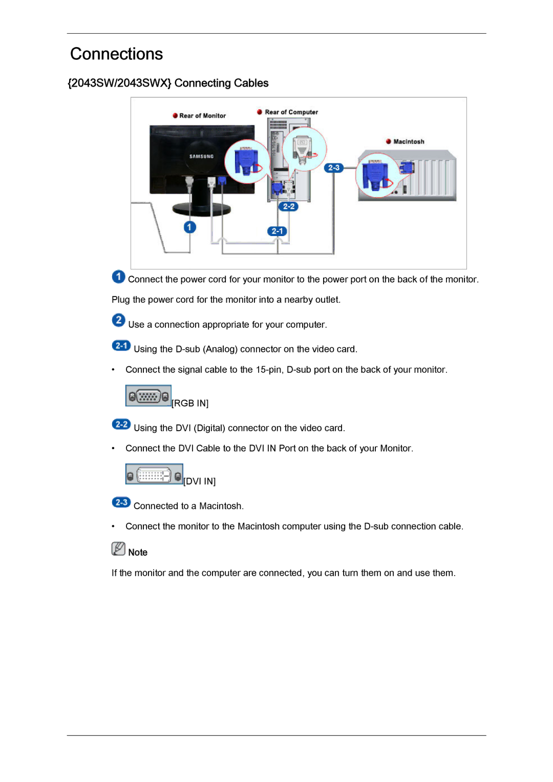 Samsung 2243SWX quick start Connections, 2043SW/2043SWX Connecting Cables 