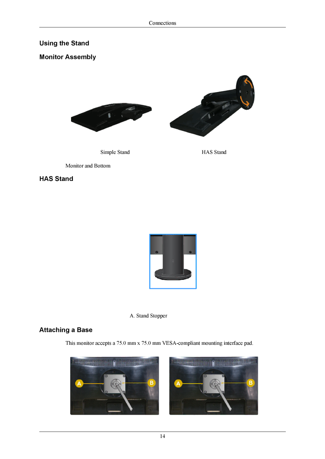 Samsung 2043WM user manual Using the Stand Monitor Assembly, Has Stand, Attaching a Base 