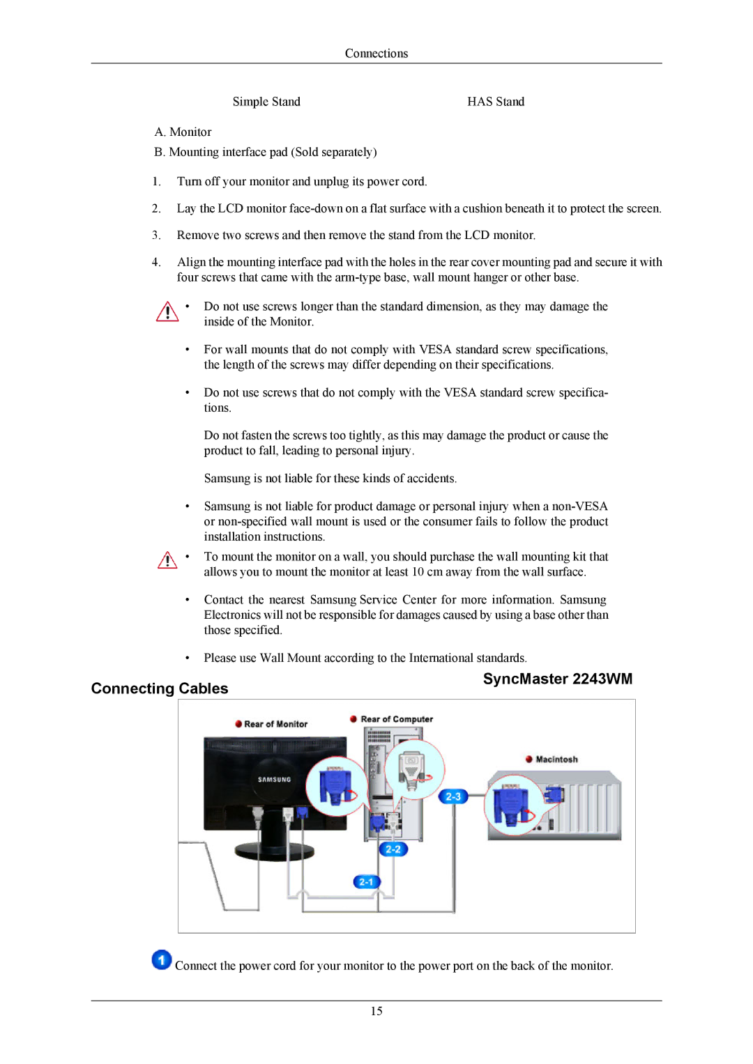 Samsung 2043WM user manual Connecting Cables SyncMaster 2243WM 