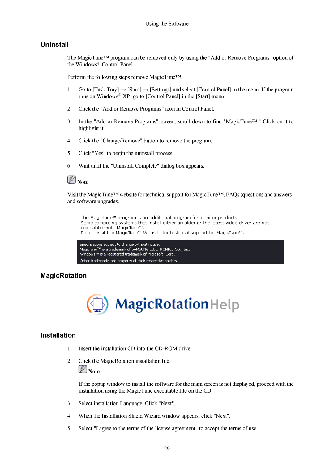Samsung 2043WM user manual Uninstall, MagicRotation Installation 