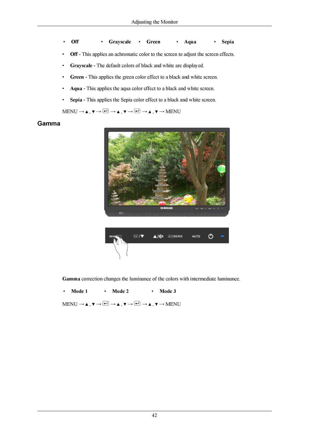 Samsung 2043WM user manual Gamma, Off Grayscale Green Aqua Sepia, Mode 1 Mode 2 Mode 