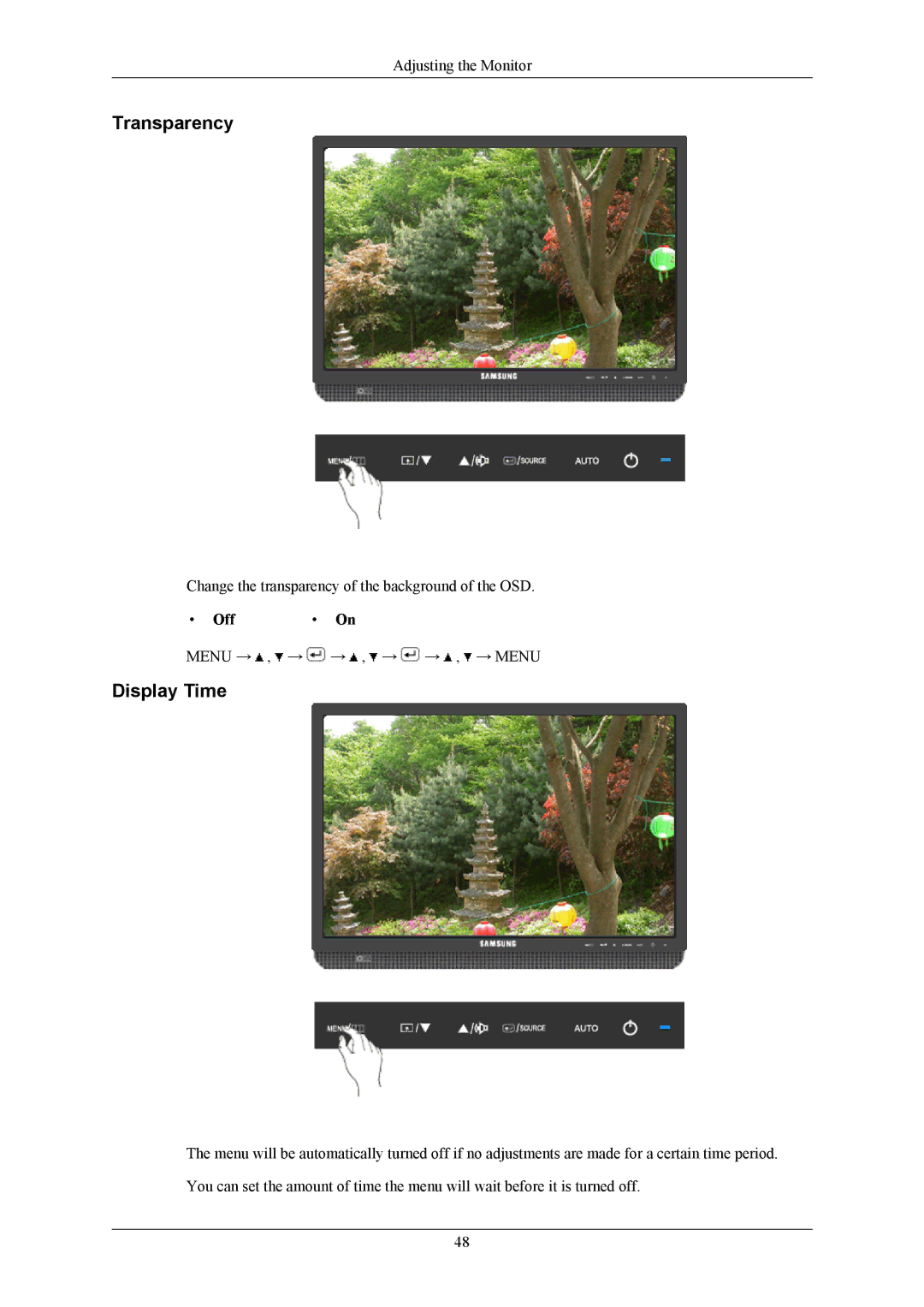 Samsung 2043WM user manual Transparency, Display Time, Off On 
