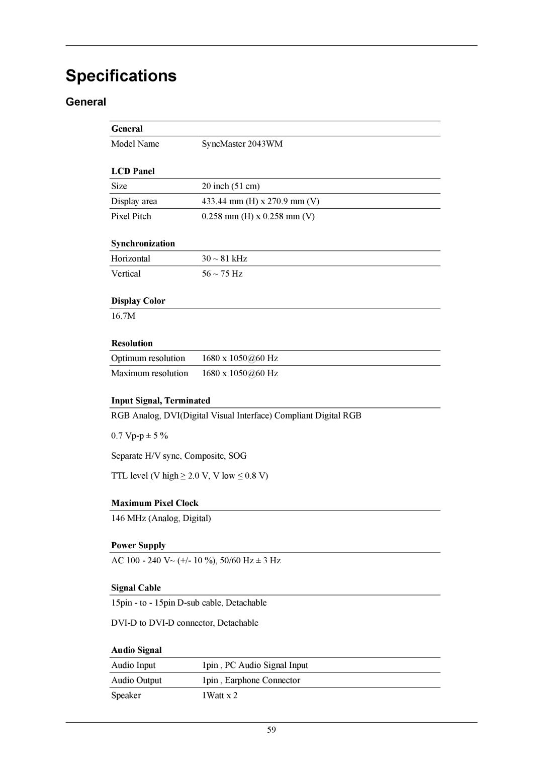 Samsung 2043WM user manual Specifications, General 