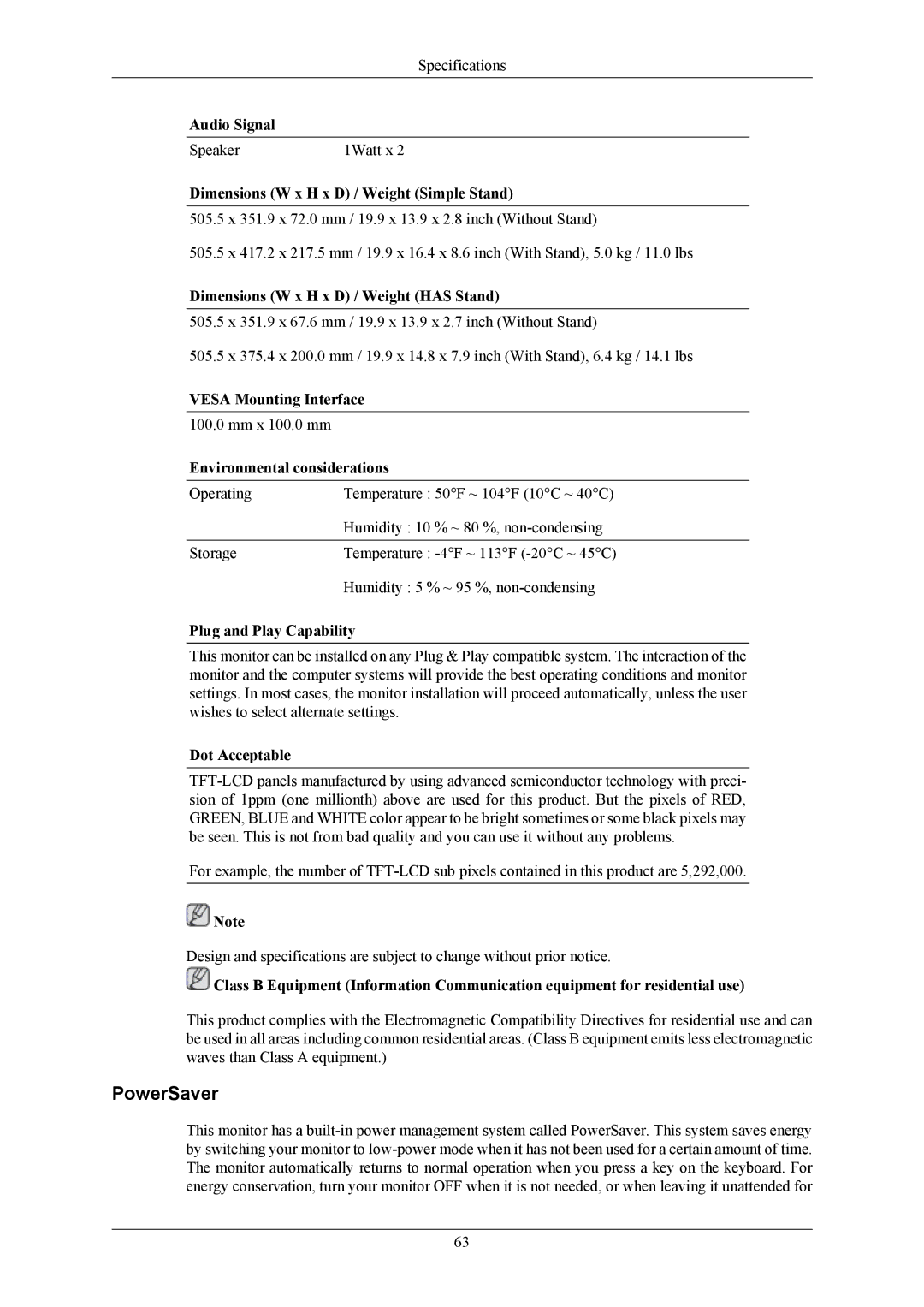 Samsung 2043WM user manual Speaker 1Watt x 