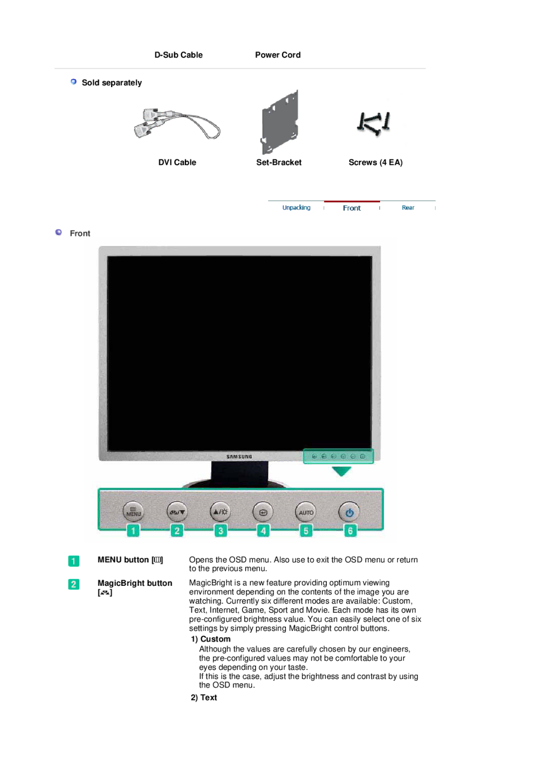 Samsung 204B manual Front, Custom, Text 