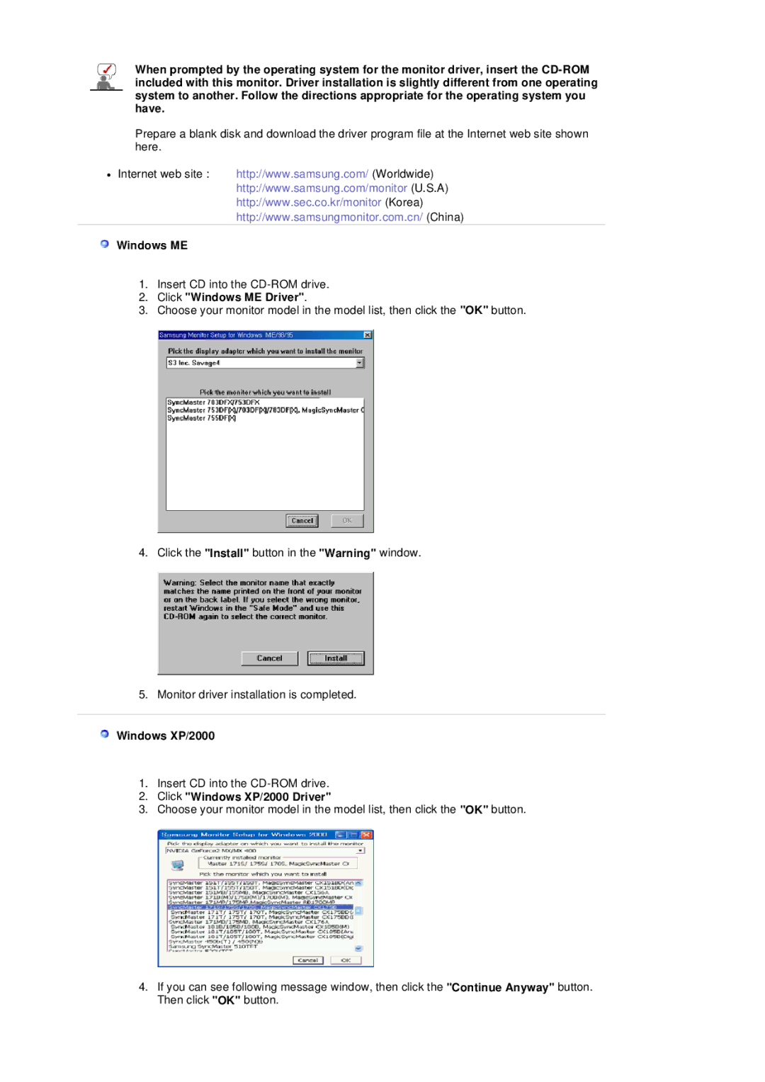 Samsung 204B manual Click Windows ME Driver, Click Windows XP/2000 Driver 