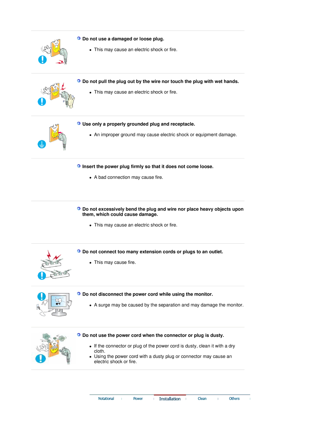 Samsung 204B manual Do not use a damaged or loose plug, Use only a properly grounded plug and receptacle 