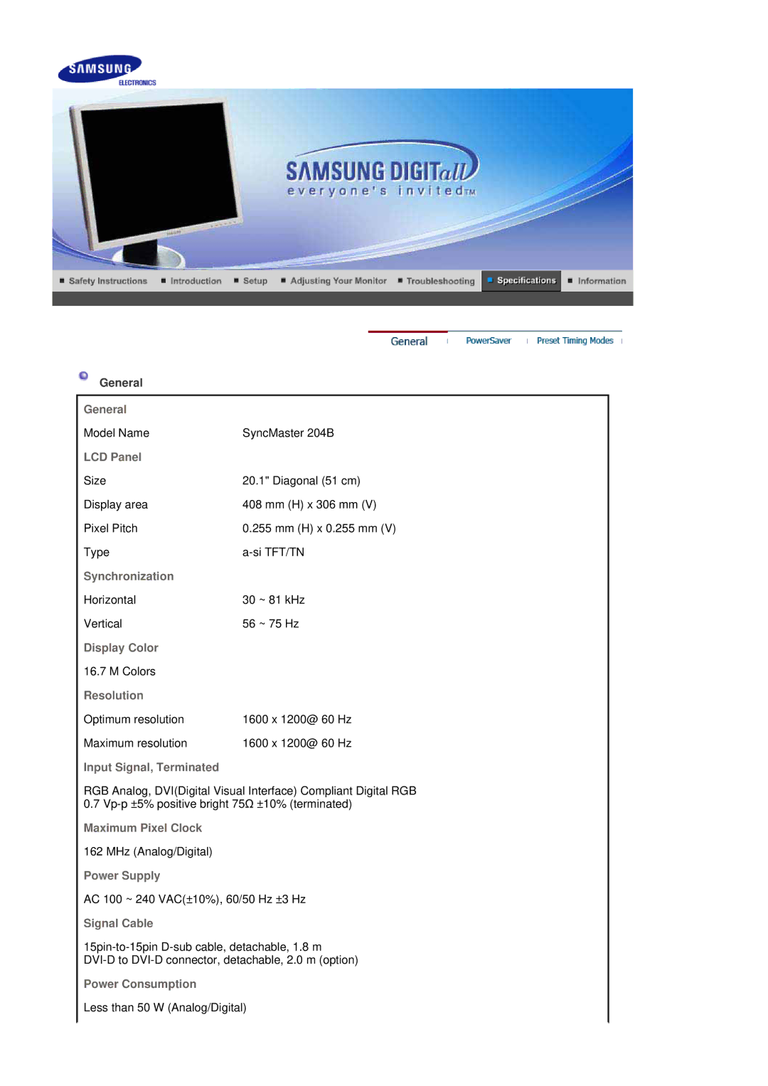 Samsung 204B General, LCD Panel, Synchronization, Display Color, Resolution, Input Signal, Terminated, Maximum Pixel Clock 