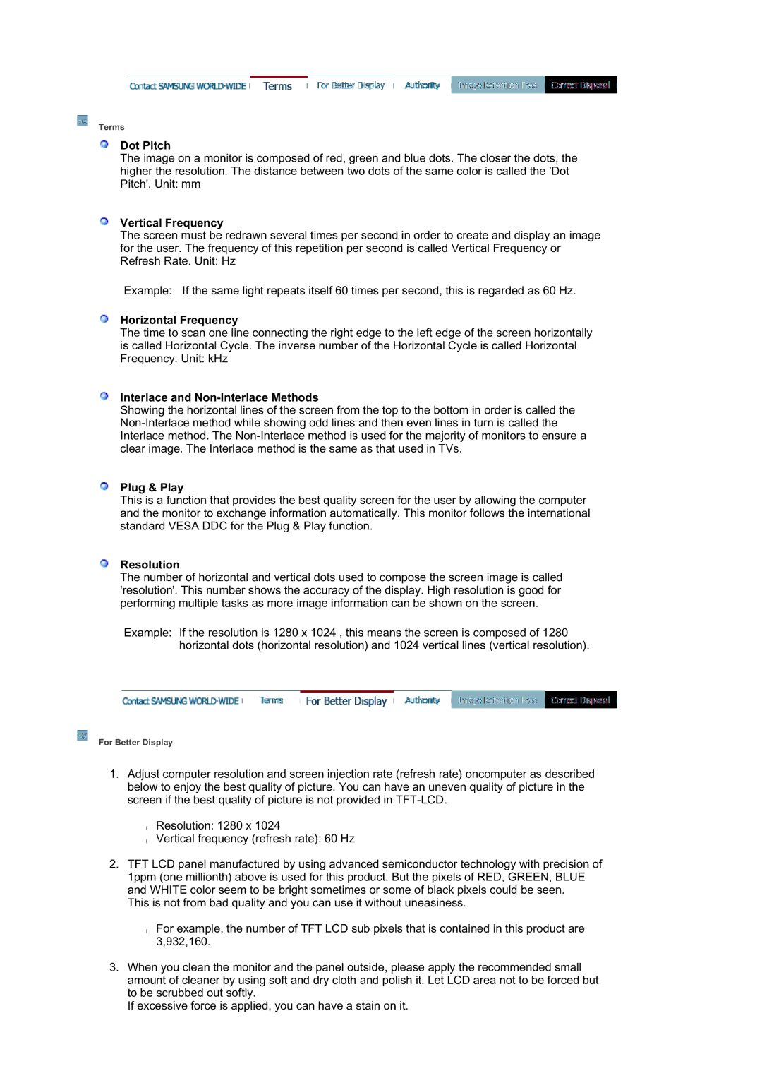 Samsung 204B manual Dot Pitch, Vertical Frequency, Horizontal Frequency, Interlace and Non-Interlace Methods, Plug & Play 