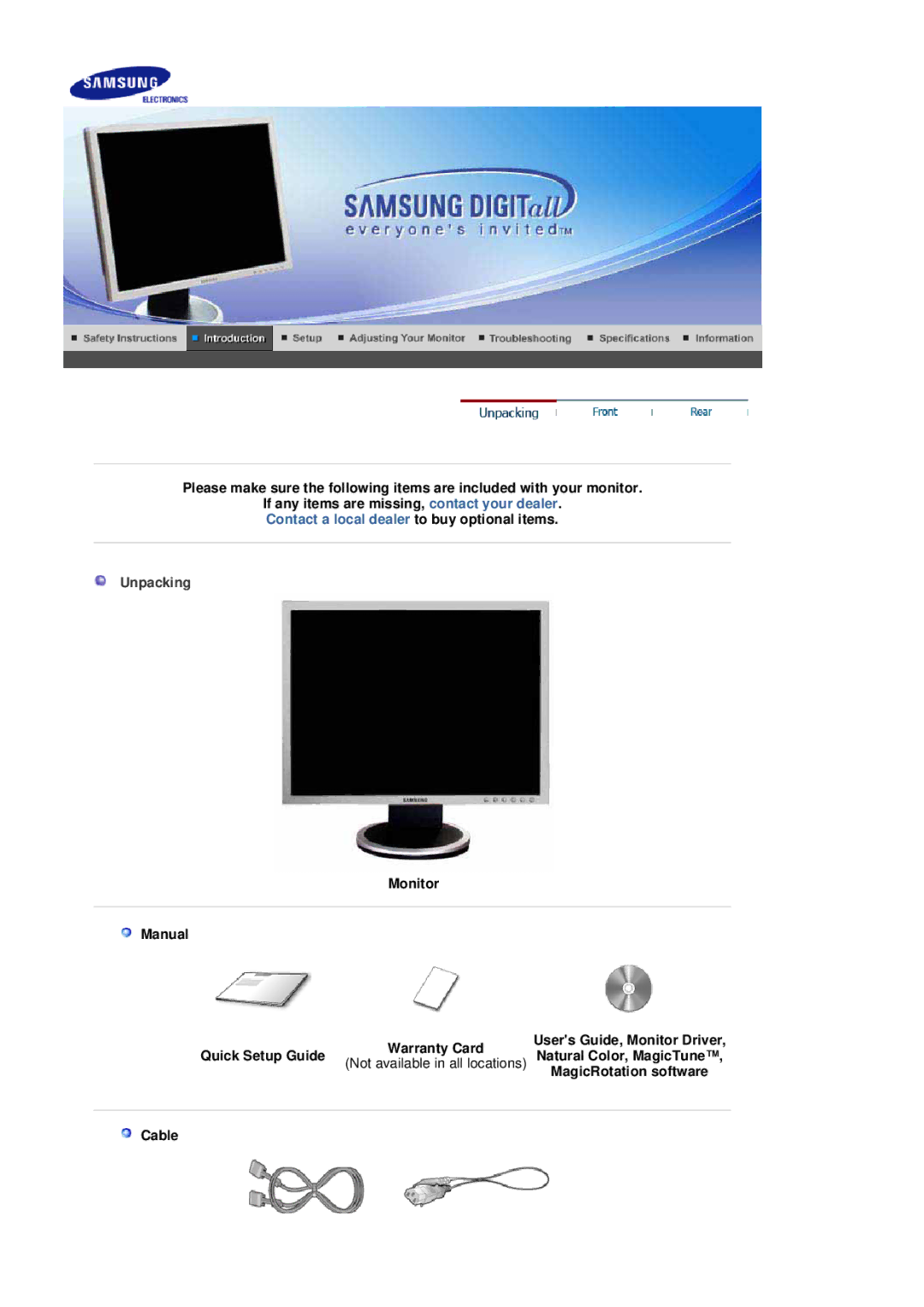 Samsung 204B manual Unpacking, MagicRotation software, Cable 