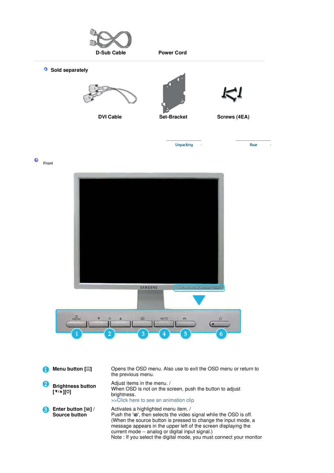 Samsung 204T manual Sub Cable Power Cord Sold separately DVI Cable Set-Bracket 