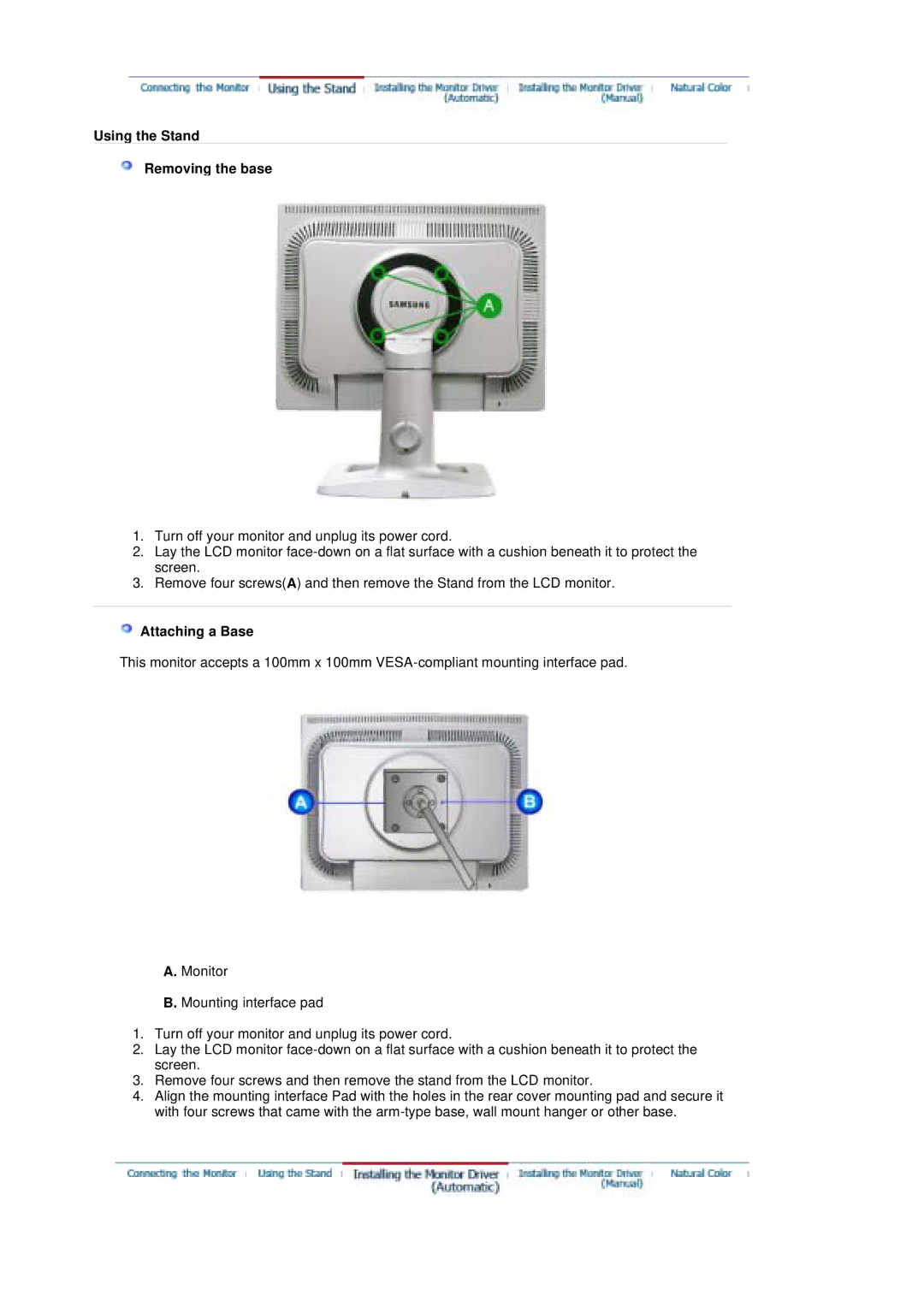 Samsung 204T manual Using the Stand Removing the base, Attaching a Base 