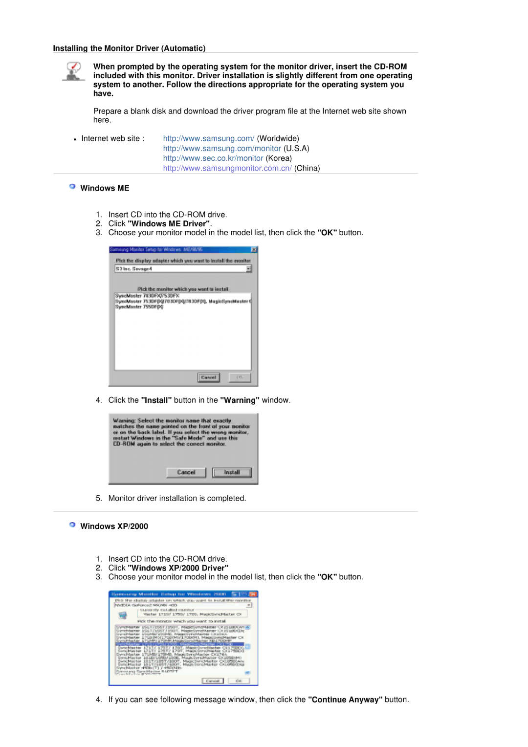 Samsung 204T manual Click Windows ME Driver, Click Windows XP/2000 Driver 