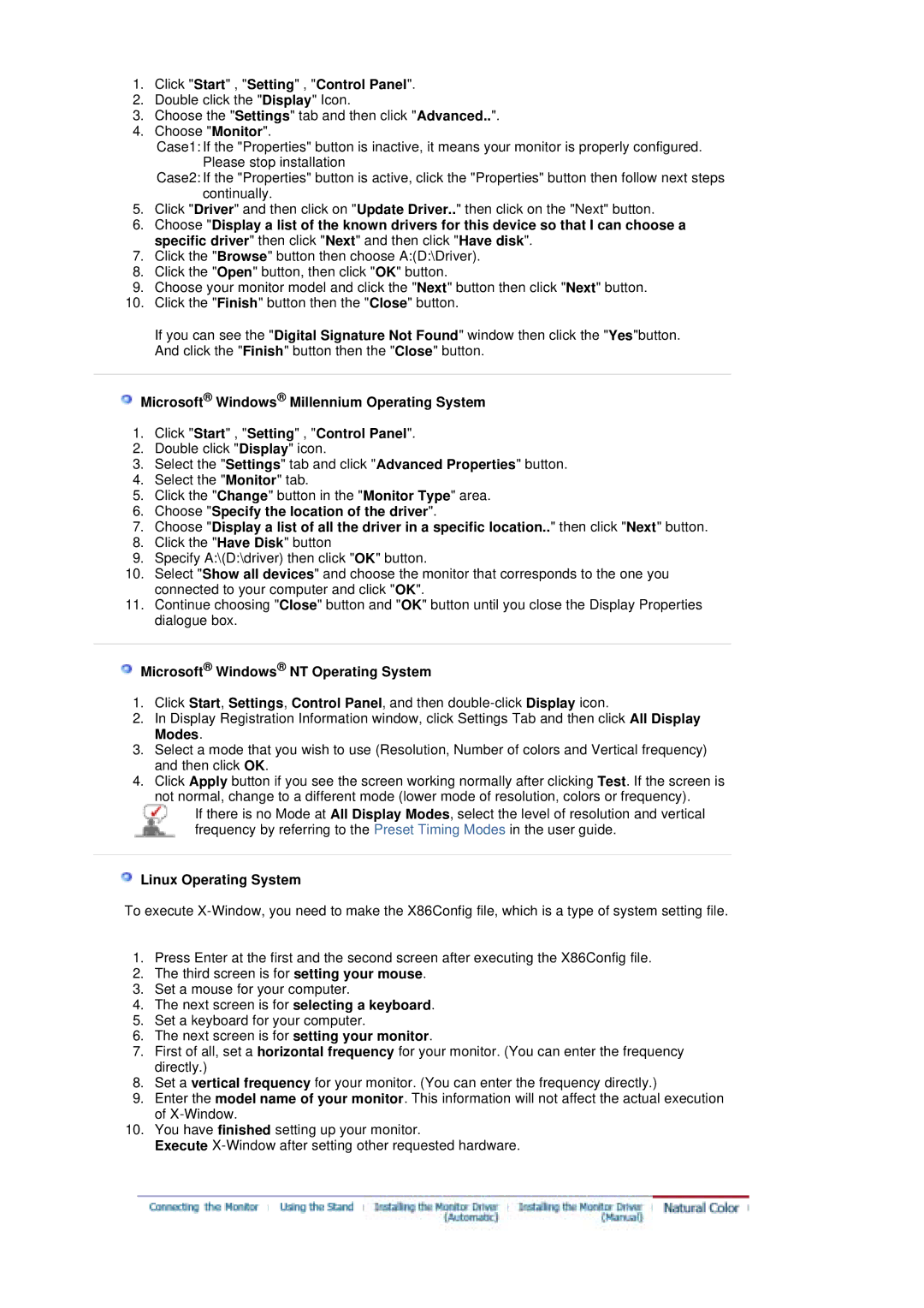 Samsung 204T manual Click Start , Setting , Control Panel, Microsoft Windows NT Operating System, Linux Operating System 