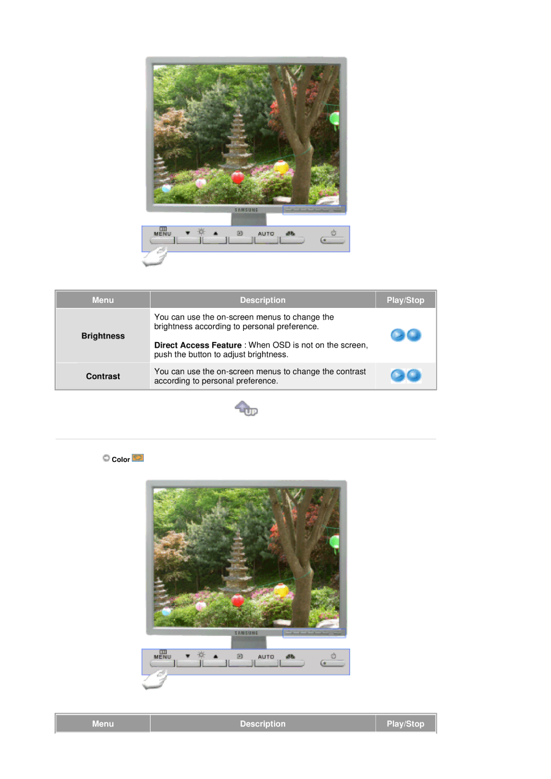 Samsung 204T manual Brightness Contrast, DescriptionPlay/Stop 