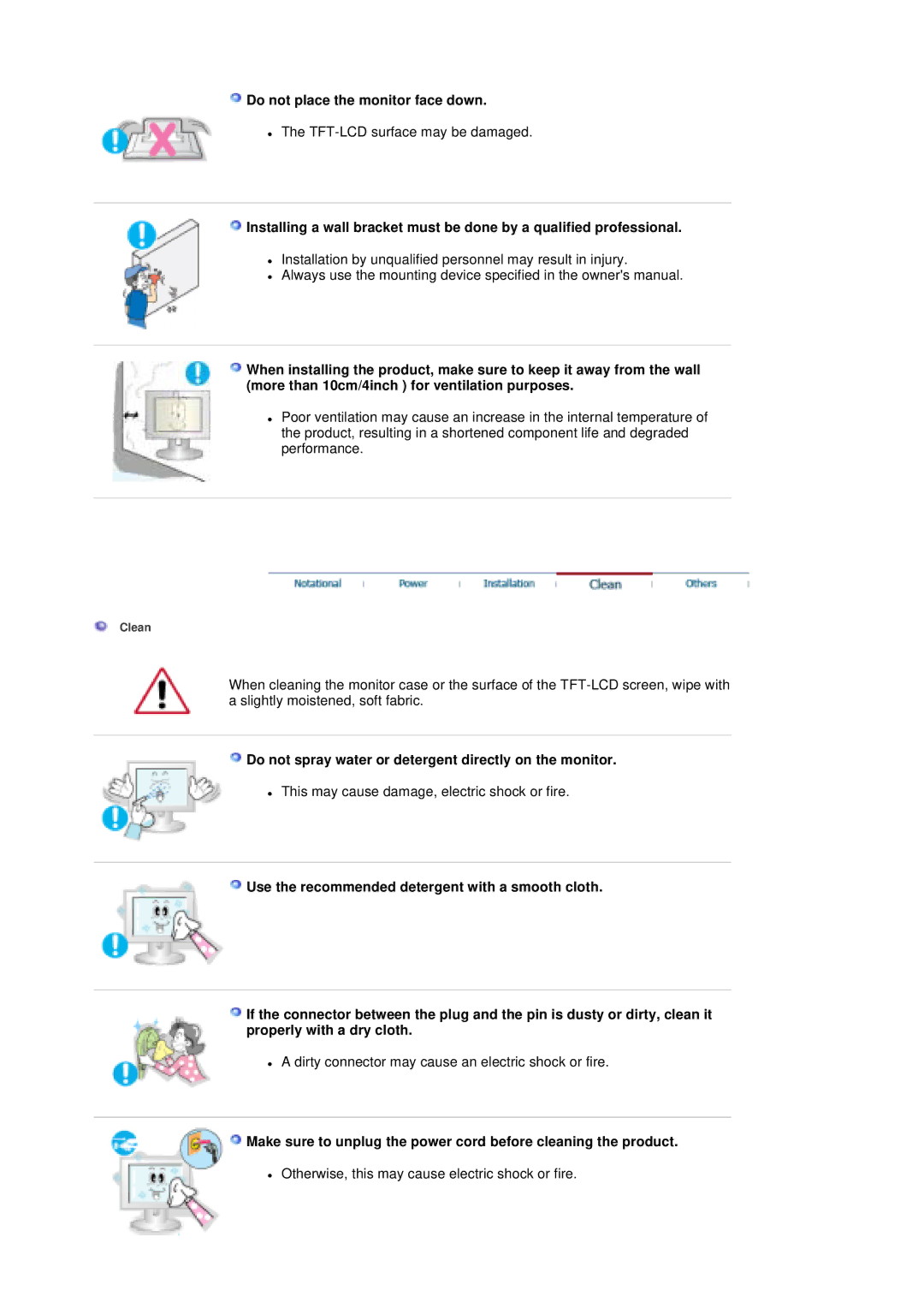 Samsung 204T manual Do not place the monitor face down, Do not spray water or detergent directly on the monitor 